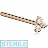 STERILE 18K GOLD PRONG SET TRINITY JEWELLED STRAIGHT LARGE NOSE STUD