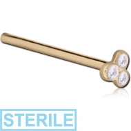 STERILE 18K GOLD BEZEL SET TRINITY JEWELLED STRAIGHT LARGE NOSE STUD