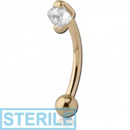 STERILE 18K GOLD PRONG SET SQUARE CZ CURVED MICRO BARBELL