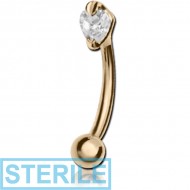 STERILE 18K GOLD PRONG SET HEART CZ CURVED MICRO BARBELL