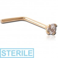 STERILE 18K GOLD 2MM PRONG SET JEWELLED 90 DEGREE NOSE STUD