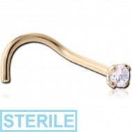 STERILE 18K GOLD PRONG SET JEWELLED CURVED NOSE STUD