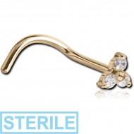 STERILE 18K GOLD PRONG SET TRINITY JEWELLED CURVED NOSE STUD
