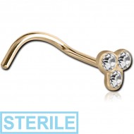 STERILE 18K GOLD BEZEL SET TRINITY JEWELLED CURVED NOSE STUD