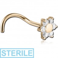 STERILE 18K GOLD PRONG SET FOWER JEWELLED CURVED NOSE STUD