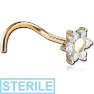STERILE 18K GOLD PRONG SET DIAMOND FOWER JEWELLED CURVED NOSE STUD