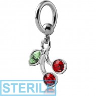 STERILE SURGICAL STEEL BALL CLOSURE RING WITH JEWELLED CHERRIES CHARM PIERCING