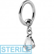 STERILE SURGICAL STEEL BALL CLOSURE RING WITH PRONG SET TEAR DROP CHARM PIERCING