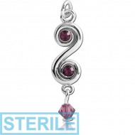 STERILE RHODIUM PLATED BRASS JEWELLED CHARM - S WITH BEAD PIERCING