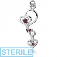 STERILE RHODIUM PLATED BRASS JEWELLED HEARTS CHARM PIERCING