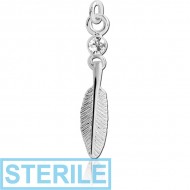 STERILE RHODIUM PLATED BRASS JEWELLED FEATHER CHARM PIERCING