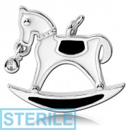 STERILE RHODIUM PLATED BRASS JEWELLED ENAMEL ROCKING HORSE CHARM PIERCING