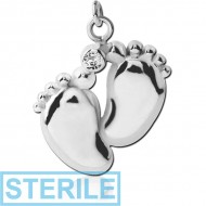 STERILE RHODIUM PLATED BRASS JEWELLED CHARM - BABY FEET PIERCING