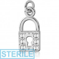 STERILE RHODIUM PLATED BRASS JEWELLED LOCK CHARM PIERCING