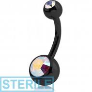 STERILE BLACK PVD COATED SURGICAL STEEL DOUBLE SWAROVSKI CRYSTALS JEWELLED NAVEL BANANA