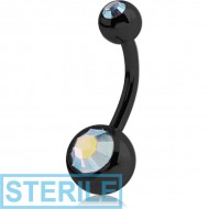 STERILE BLACK PVD COATED SURGICAL STEEL DOUBLE OPTIMA CRYSTALS NAVEL BANANA PIERCING