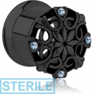 STERILE BLACK PVD COATED STAINLESS STEEL DOUBLE FLARED INTERNALLY THREADED JEWELLED TUNNEL