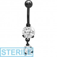 STERILE BLACK PVD COATED SURGICAL STEEL TRIPLE HEART CZ DOUBLE JEWELLED DANGLE NAVEL BANANA