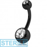 STERILE BLACK PVD COATED SURGICAL STEEL DOUBLE HIGH END CRYSTAL JEWELLED NAVEL BANANA