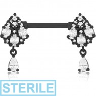 STERILE BLACK PVD COATED SURGICAL STEEL NIPPLE PIERCING INTERNAL THREADED BAR WITH MOVING CHARM FINE JEWELLED