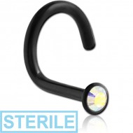 STERILE BLACK PVD COATED SURGICAL STEEL VALUE CRYSTAL JEWELLED LARGE LEFT CURVED NOSE STUD PIERCING
