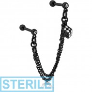 STERILE BLACK PVD COATED SURGICAL STEEL JEWELLED TRAGUS MICRO BARBELLS CHAIN LINKED - RUBIK