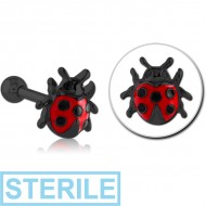 STERILE BLACK PVD COATED SURGICAL STEEL TRAGUS MICRO BARBELL WITH ENAMEL - LADYBUG