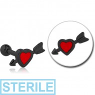 STERILE BLACK PVD COATED SURGICAL STEEL TRAGUS MICRO BARBELL WITH ENAMEL - HEART WITH ARROW