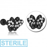 STERILE BLACK PVD COATED SURGICAL STEEL JEWELLED TRAGUS MICRO BARBELL - BUTTERFLY