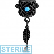 STERILE BLACK PVD COATED SURGICAL STEEL JEWELLED CARTILAGE SHIELD - DANGLING FEATHER