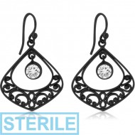STERILE BLACK PVD COATED SURGICAL STEEL JEWELLED EARRINGS PAIR