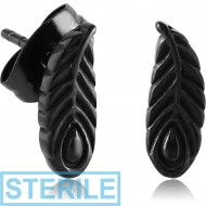 STERILE BLACK PVD COATED SURGICAL STEEL EAR STUDS PAIR - FEATHER