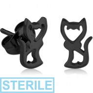 STERILE BLACK PVD COATED SURGICAL STEEL EAR STUDS PAIR - KITTY