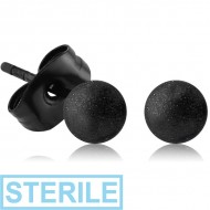 STERILE BLACK PVD COATED SURGICAL STEEL EAR STUDS PAIR - SANDBLAST BALL 3MM