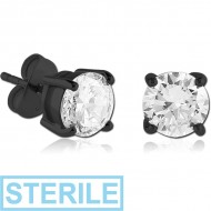 STERILE BLACK PVD COATED SURGICAL STEEL JEWELLED EAR STUDS PAIR