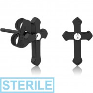 STERILE BLACK PVD COATED SURGICAL STEEL JEWELLED EAR STUDS - CROSS