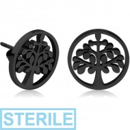STERILE BLACK PVD COATED SURGICAL STEEL EAR STUDS PAIR - TREE