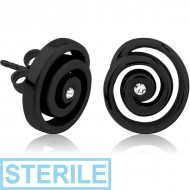 STERILE BLACK PVD COATED SURGICAL STEEL JEWELLED EAR STUDS PAIR - SPIRAL