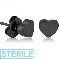 STERILE BLACK PVD COATED SURGICAL STEEL EAR STUDS PAIR - HEART