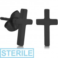 STERILE BLACK PVD COATED SURGICAL STEEL EAR STUDS PAIR - CROSS
