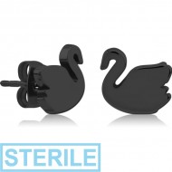 STERILE BLACK PVD COATED SURGICAL SURGICAL STEEL EAR STUDS PAIR - SWAN