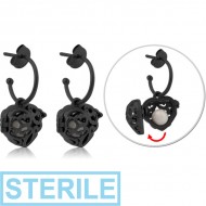 STERILE BLACK PVD COATED SURGICAL STEEL EAR STUDS PAIR - HEART LOCKET