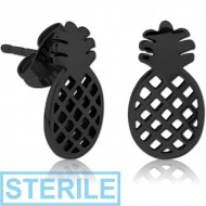 STERILE BLACK PVD COATED SURGICAL STEEL EAR STUDS PAIR - PINEAPPLE
