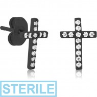 STERILE BLACK PVD COATED SURGICAL STEEL JEWELLED EAR STUDS PAIR - CROSS