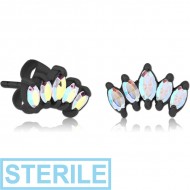 STERILE BLACK PVD COATED SURGICAL STEEL JEWELLED EAR STUDS PAIR - FIVE GEMS
