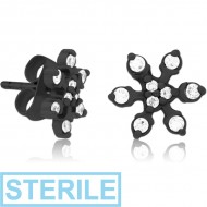 STERILE BLACK PVD COATED SURGICAL STEEL JEWELLED EAR STUDS PAIR - SNOWFLAKE