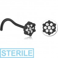 STERILE BLACK PVD COATED SURGICAL STEEL CURVED JEWELLED NOSE STUD - FLOWER