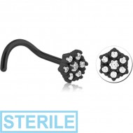 STERILE BLACK PVD COATED SURGICAL STEEL CURVED JEWELLED NOSE STUD - FLOWER
