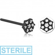 STERILE BLACK PVD COATED SURGICAL STEEL STRAIGHT JEWELLED NOSE STUD - FLOWER