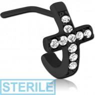 STERILE BLACK PVD COATED SURGICAL STEEL 90 DEGREE JEWELLED WRAP AROUND NOSE STUD - CROSS EITH GEMS